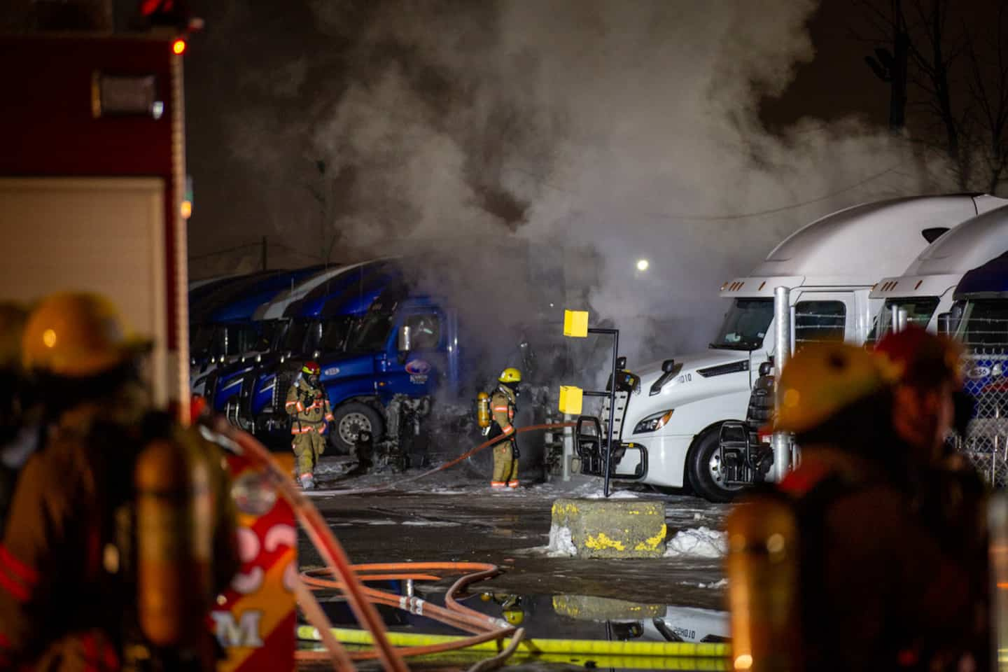 Six trucks were engulfed in flames in Dorval